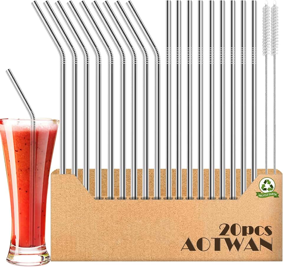 AOTWAN Reusable Stainless Steel Metal Straws 18pcs, 9 Straight + 9 Bent 8.5'' Metal Straws for 20 oz Tumblers Dishwasher Safe with 2 Cleaning Brushes