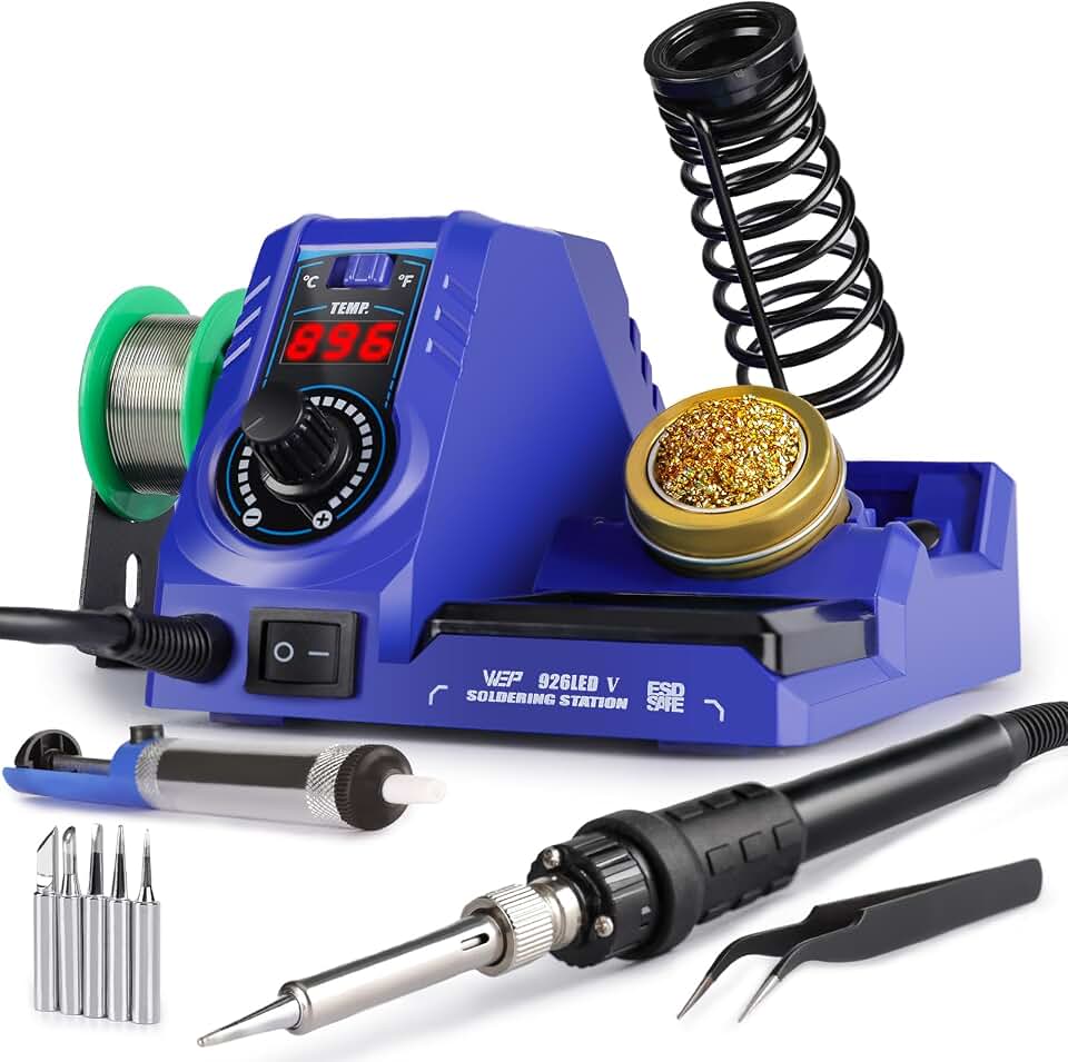 WEP 926LED V3 Soldering Station 130W MAX Soldering Iron Kit with Solder Wire, 5 Soldering Tips, Tweezers, Solder Sucker, Tip Cleaner, Temperature Control, Sleep Mode, C-F Conversion