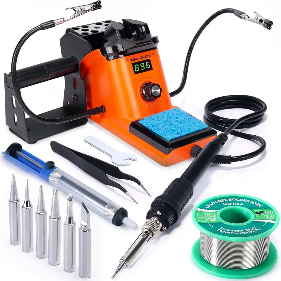 YIHUA 926 III 60W LED Display Soldering Iron Station Kit w 2 Helping Hands, 6 Extra Iron Tips, Roll of Lead-Free Solder, Solder Sucker, S/S Tweezers, °C/ºF Conversion, Auto Sleep &amp; Calibration Support