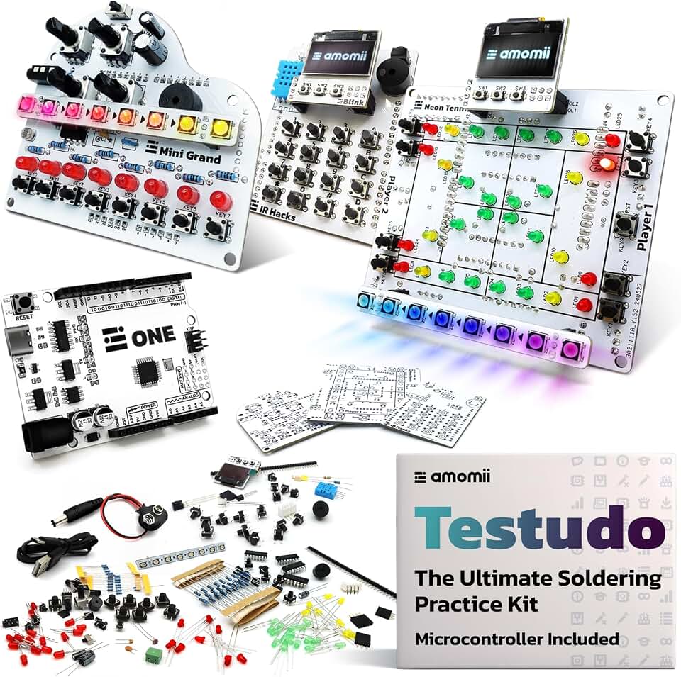 amomii Testudo Soldering Practice Kit, Build 3 Gadgets, Arduino Compatible | Digital Piano, Game Console and Keypad Projects, Microcontroller Included, PDF and Video Tutorials, Teens and Adults