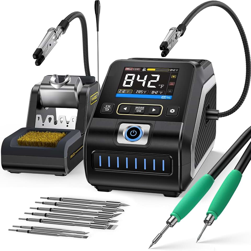 FNIRSI DWS-200 200W High Power Soldering Station Kit,2 Helping Hands | 3S Melting(212-842℉),6 F245 3 F210 Iron Tips,3 Display Modes, Pre-set 3 Temps,Precision Digital Solder for Electronics Repair