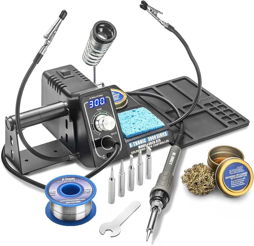 The Original X-Tronic 3020-XTS • 75W Soldering Iron Station Kit • 2 Helping Hands • Silicone Tool Mat • 5 Extra Tips • 50g Roll of Solder • Brass Sponge • Cleaning Flux • C/F Conversion • Auto Sleep!