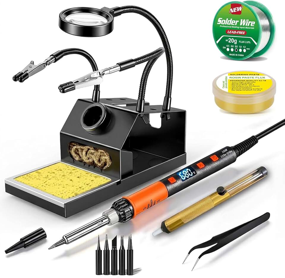 100W Soldering Iron Kit, Heavy-Duty Non-Slip Stand, 180-500°C, Auto Sleep | Helping Hands ＆ Magnifier, Fast Heating, Adjustable Temperature, LED Display, Lead-Free Solder Wire