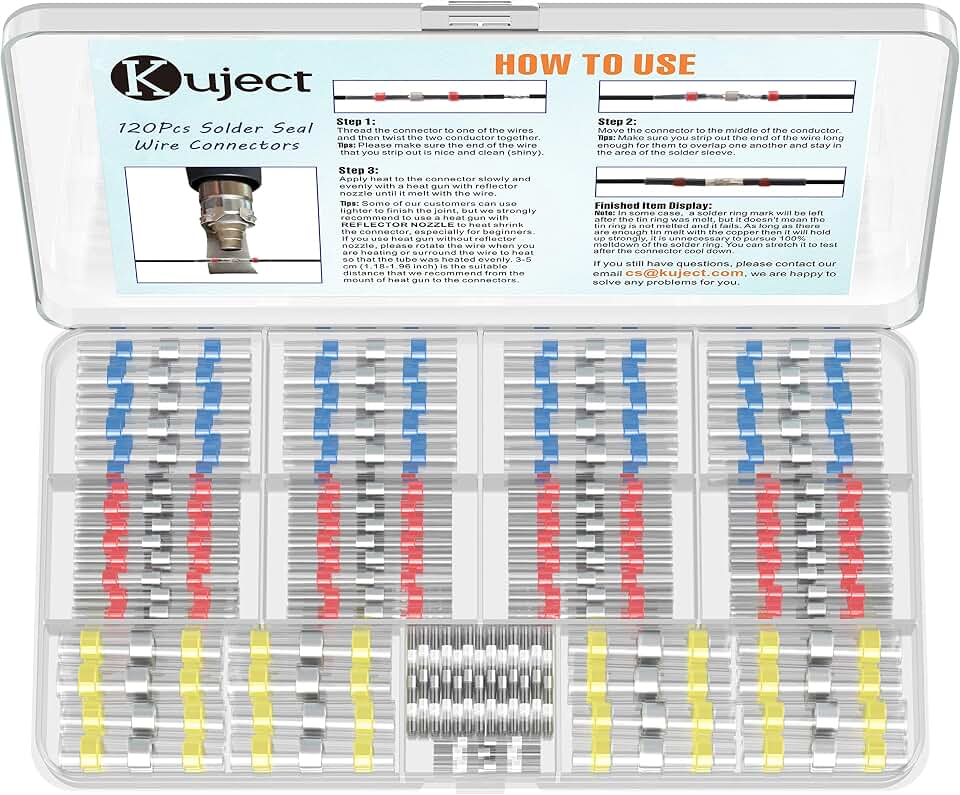 Kuject Heat Shrink Solder Seal Wire Connectors Kit 120PCS | 26-10 AWG Waterproof Electrical Connectors for Marine, Automotive, Truck Repair, Solderless Wiring Splice Connectors