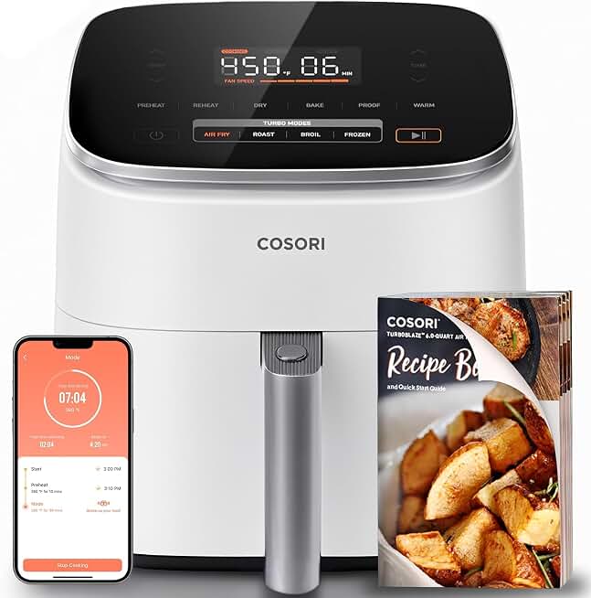 Cosori TurboBlaze Smart Air Fryer 6 Qt, Shake Reminders, 9-in-1, Cream | 90°–450°F, 5 Fan Speeds, 9 in 1 Air Fry, Roast, Bake, Broil, Dry, Frozen, Proof, Reheat, Keep Warm, Remote Control, nonstick