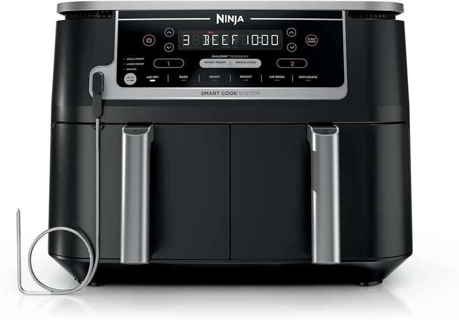 Ninja Foodi Air Fryer, 10 Qt DualZone Smart XL, 6-in-1, Black, DZ550 | Air fry, roast, broil, bake, reheat, dehydrate, Smart Cook thermometer, Match Cook, Smart Finish