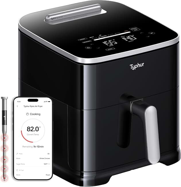 Typhur Sync 8QT AI Smart Air Fryer with Built-in Wireless Meat Thermometer | 9-in-1 XL Non Toxic Airfryer | PFAS-Free Ceramic Basket | 450°F Max | Fits 6lb Whole Chicken | Quiet &amp; Dishwasher Safe | 120V Global Recycled Standard