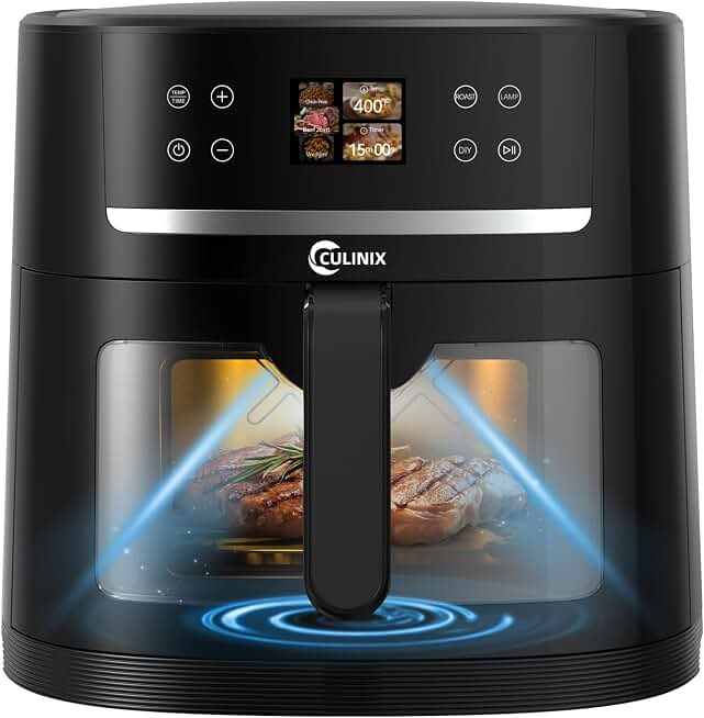 Smart Air Fryer 8.5QT with AI Food Camera, XXL Family Basket | AI Shake Reminder &amp; Lighted Viewing Window, 12 Presets, Auto-Adjust Time, 60–400°F, One-Touch Cooking, Basket Style XXL
