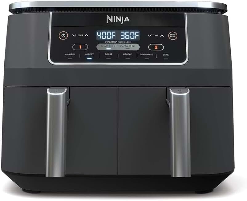 Ninja DZ201 Foodi 8 Quart 6-in-1 DualZone 2-Basket Air Fryer with 2 Independent Frying Baskets, Match Cook &amp; Smart Finish to Roast, Broil, Dehydrate &amp; More for Quick, Easy Meals, Grey