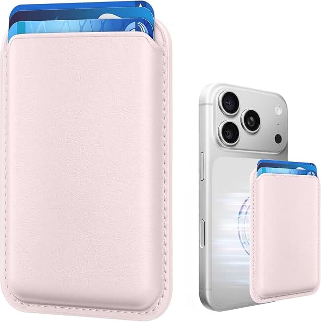 Magnetic Wallet Cell Phone Card Holder for Phone Case with Mag-Safe | Stronger Magnetic RFID Leather Phone Wallet Stick on Series of iPhone 17/16/15/14/13/12 and Pro/Promax, Light pink