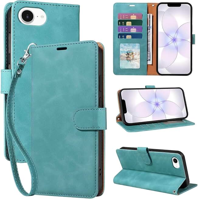 RFID Blocking for iPhone 17e Wallet Case 6.1", Card Holder (Green) | 4 Card Slots, Wrist Strap, Soft PU Leather, Shockproof Protective, Stand, Flip Cases, Magnetic Closure, Folio Cover