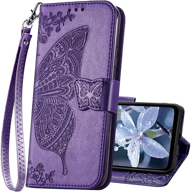 for Samsung Galaxy A17 5G Phone Case Wallet,Purple | Butterfly Embossed PU Leather, Credit Card Holders, Wrist Strap, Magnetic Closure, Flip Protective Purse Cover for Women Men