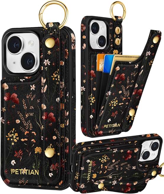 Petitian for iPhone 14/13 Wallet Case for Women, Growing Flower | Credit Card Holder, Wristband Strap, Leather Phone Cover, Cute Girly Aesthetic, RFID Blocking, Unique Design for Teen Girls