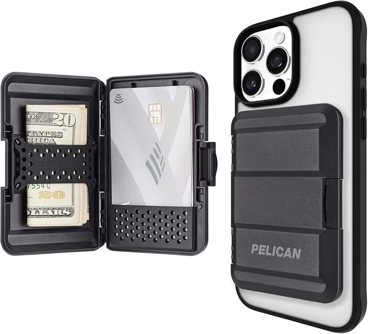 Pelican MagSafe Wallet for iPhone - Slim Magnetic Phone Wallet - Black | Heavy Duty MIL-STD Snap-On Magnetic Card Holder - Detachable Hard MagSafe Wallet for iPhone 17 Pro Max/16/15/14/13/Pixel 10