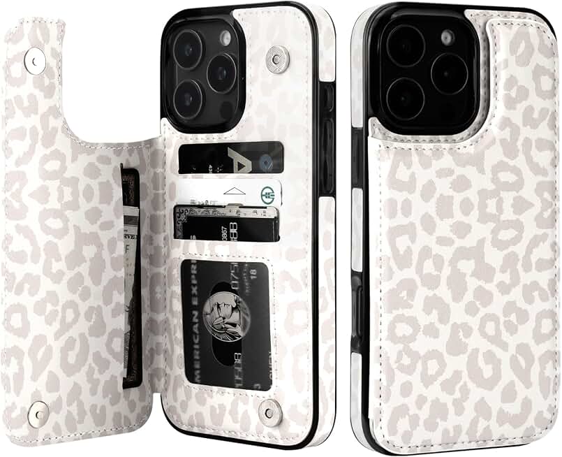 HAOPINSH Wallet Case with Card Holder for iPhone 16 Pro Max,White Leopard | Back Flip Folio Kickstand ,PU Leather Card Slots Case Wallet for Women Men Girls, Double Magnetic Clasp Shockproof Cover 6.9"