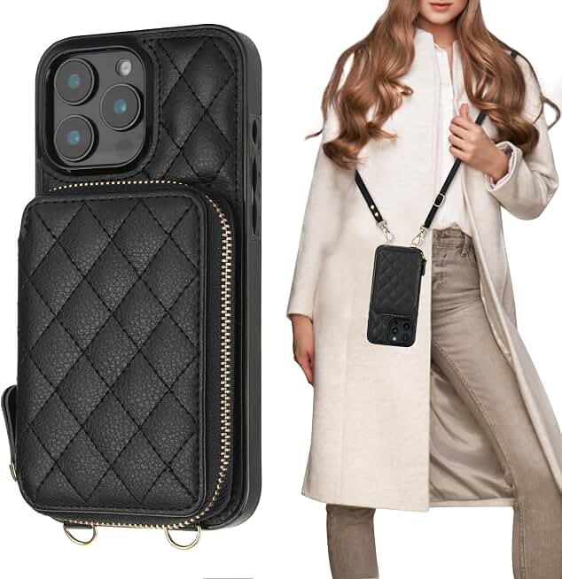 Bocasal Crossbody Wallet Case Card Holder for iPhone 16 Pro Max Black | RFID Blocking PU Leather Zipper Handbag Purse, Kickstand Flip Folio Case with Card Slots Holder Wrist Strap Lanyard 6.9 Inch
