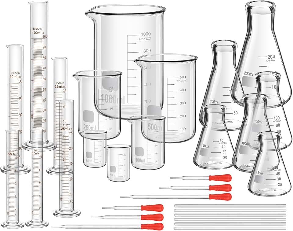 Frienda 30 Pcs 50/100/250/500/1000ml Lab Glassware Beaker Set | Laboratory Equipment, Glass Measuring Beaker, Graduated Measuring Cylinder with Stirring Rod for Science Chemistry Supplies