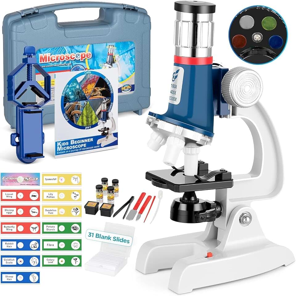 58-Piece Kids Microscope Kit - 100X-1200X Magnification, Metal Body, LED Light, Carrying Box - Science Experiment Toy for Kids Ages 5-12 Global Recycled Standard