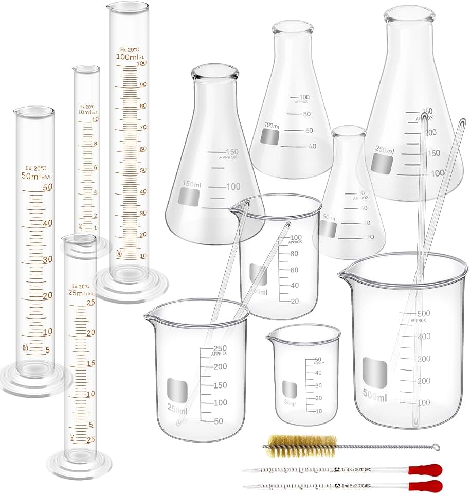 FOUR E'S SCIENTIFIC Glass Beaker Set, 19-Piece Labware Kit | Glass Beaker 50/100/250/500mL, Flask 50/100/150/250mL, Cylinder 10/25/50/100mL, Droppers, and 4 Stirring Rods