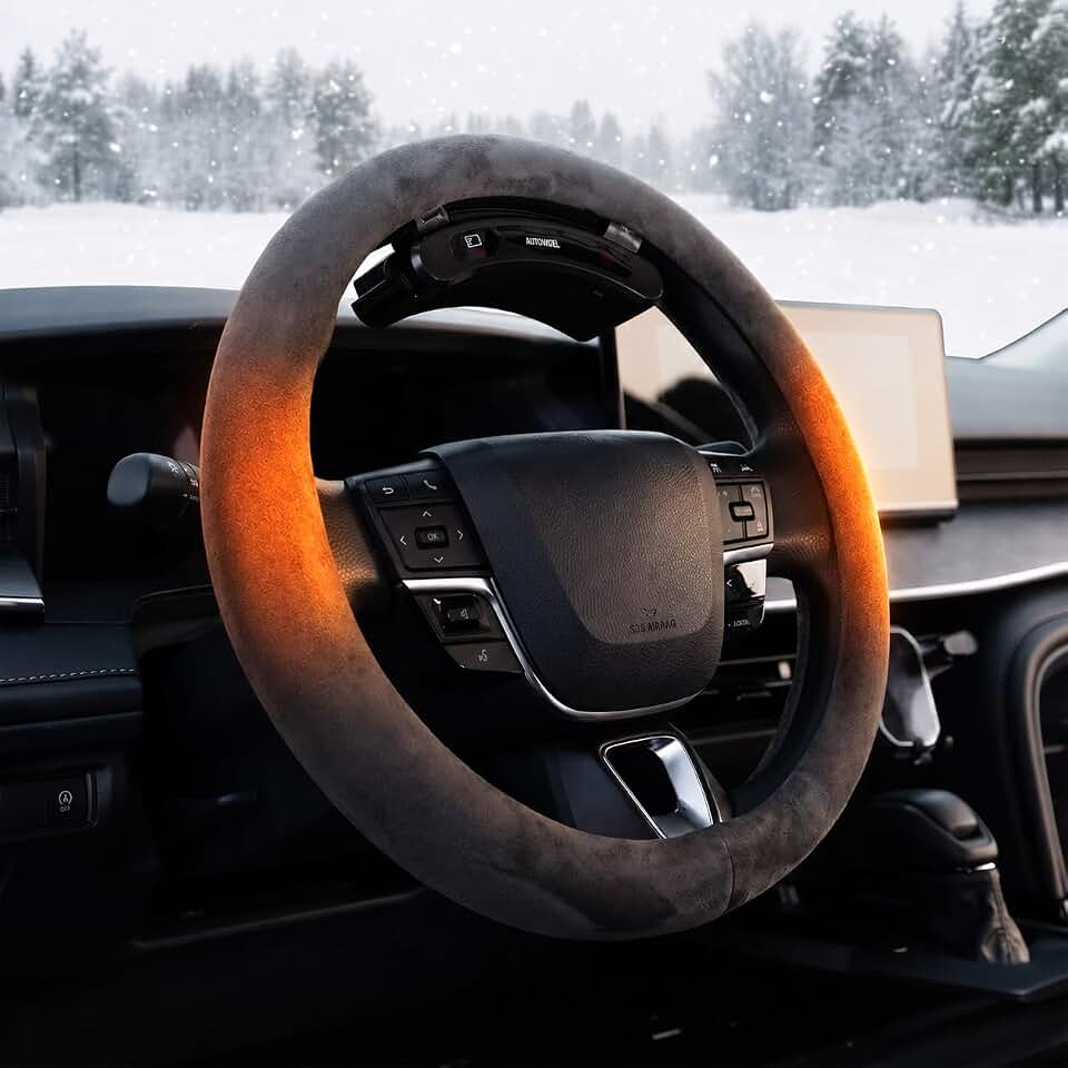 Cordless Heated Steering Wheel Cover, 14.5-15 Inch, Dual Battery Suede Gray | Fast 2-minute heat, dual rechargeable batteries, 100/108°F modes, auto shut-off, soft faux suede grip for cold winter drives