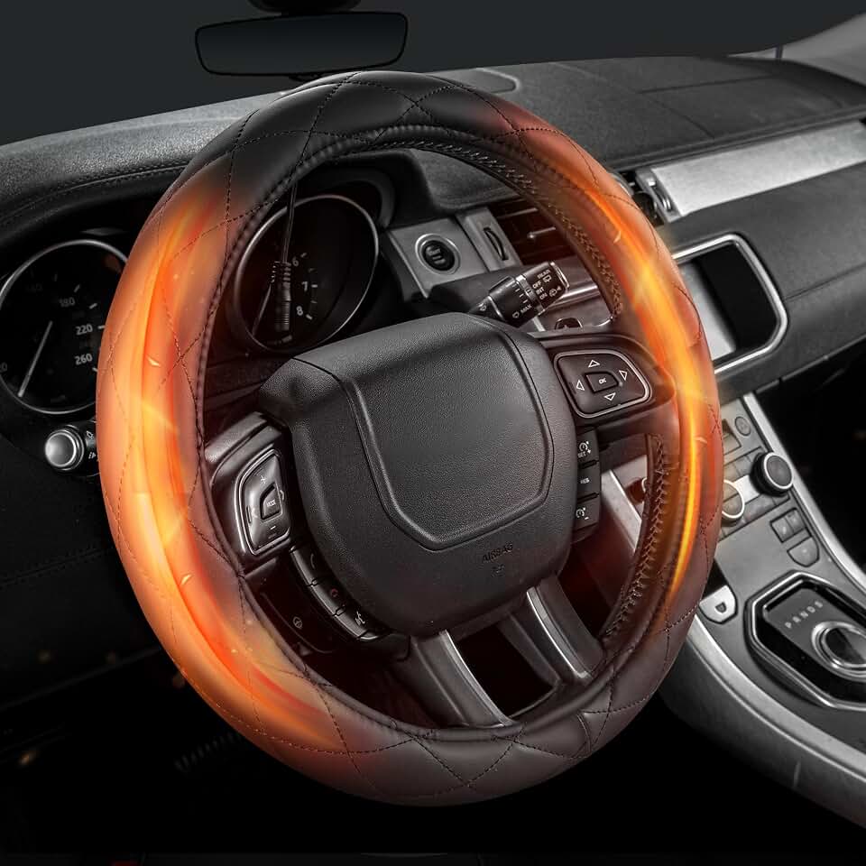 Heated Steering Wheel Cover: 3-Min 12V Quick Heating Leather with Overheat Protection, Non-Slip Grip – Fits 14.5”-15.25” Wheels for Cars, SUVs(12V-Black)