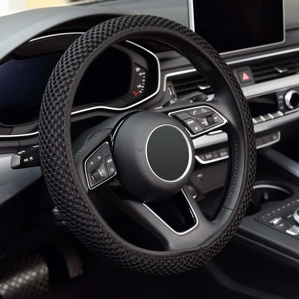 KAFEEK Elastic Stretch Steering Wheel Cover, Universal 15 Inch, Black | Warm in Winter and Cool in Summer, Microfiber Breathable Ice Silk, Anti-Slip, Odorless, Easy Carry