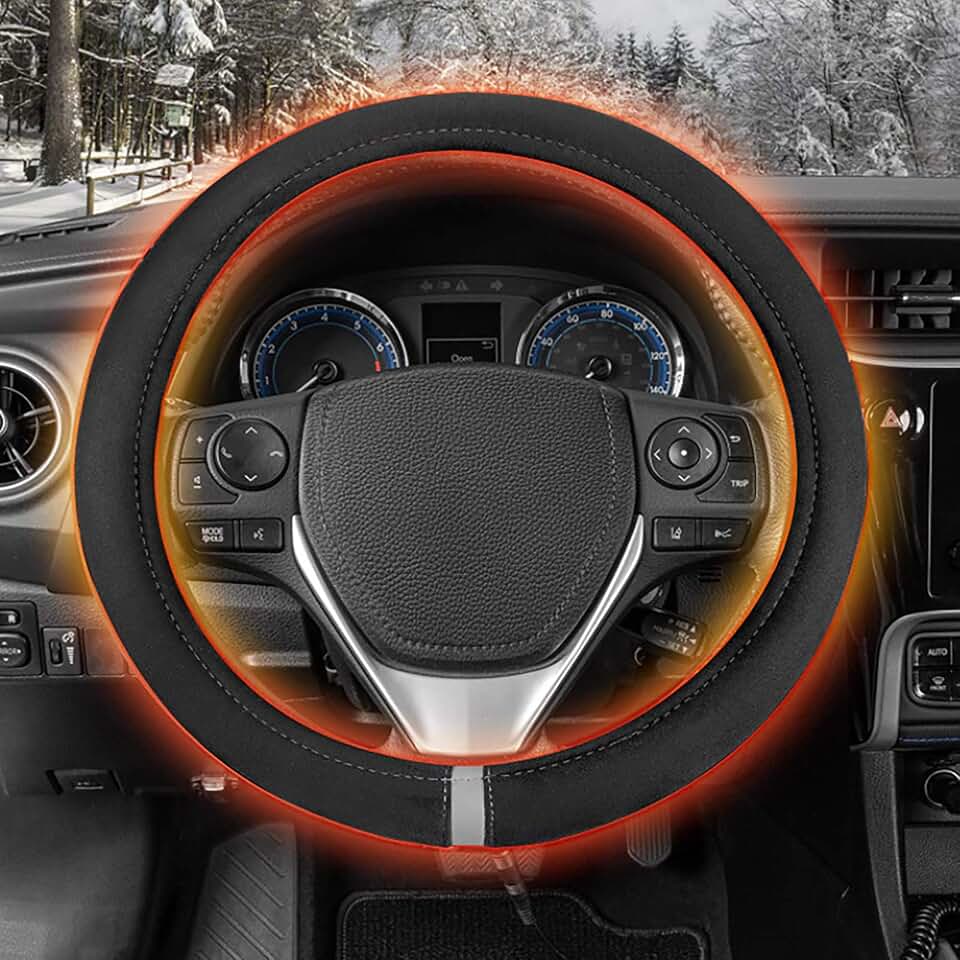 Heated Steering Wheel Cover, 15 in 12v Winter Steering, Quick Heating Universal Heated Steering Wheel Cover with USB Rechargeable for Trucks, Suvs (Black)