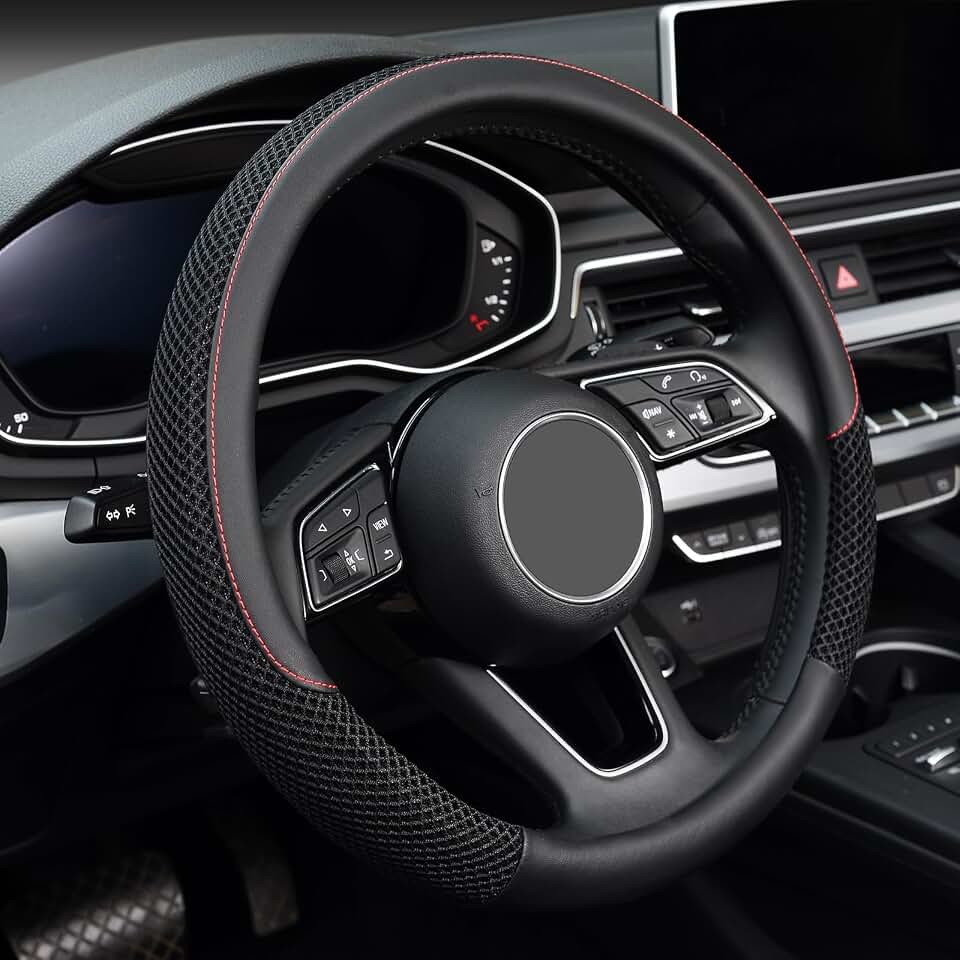 KAFEEK Steering Wheel Cover, Cooling Ice Silk Leather, 15 Inch, Black | Breathable Mesh, Anti-Slip Car Grip, Heat Resistant for Summer, Sweat Proof Comfort