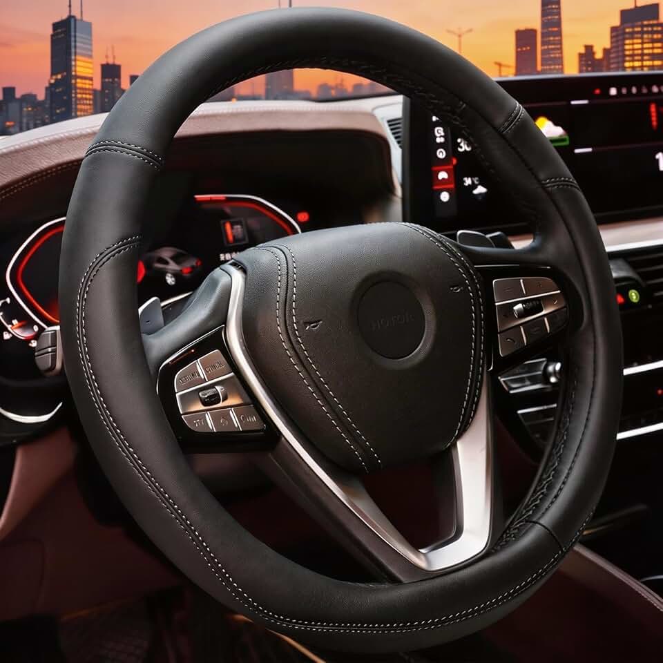 HOTOR Car Leather Steering Wheel Cover, Universal 14.5"-15",Black | Universal Car Accessory for Diverse Cars, Car Steering Wheel Cover with Anti-Slip Lining, Full Protection, Easy Installation