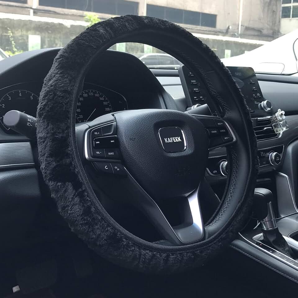 KAFEEK Warm Plush Steering Wheel Cover, Elastic Winter 15 Inch, Black | Soft Microfiber Plush, Winter Warm Thermal Grip, Non-Slip Odorless, Elastic Stretch Fit Design
