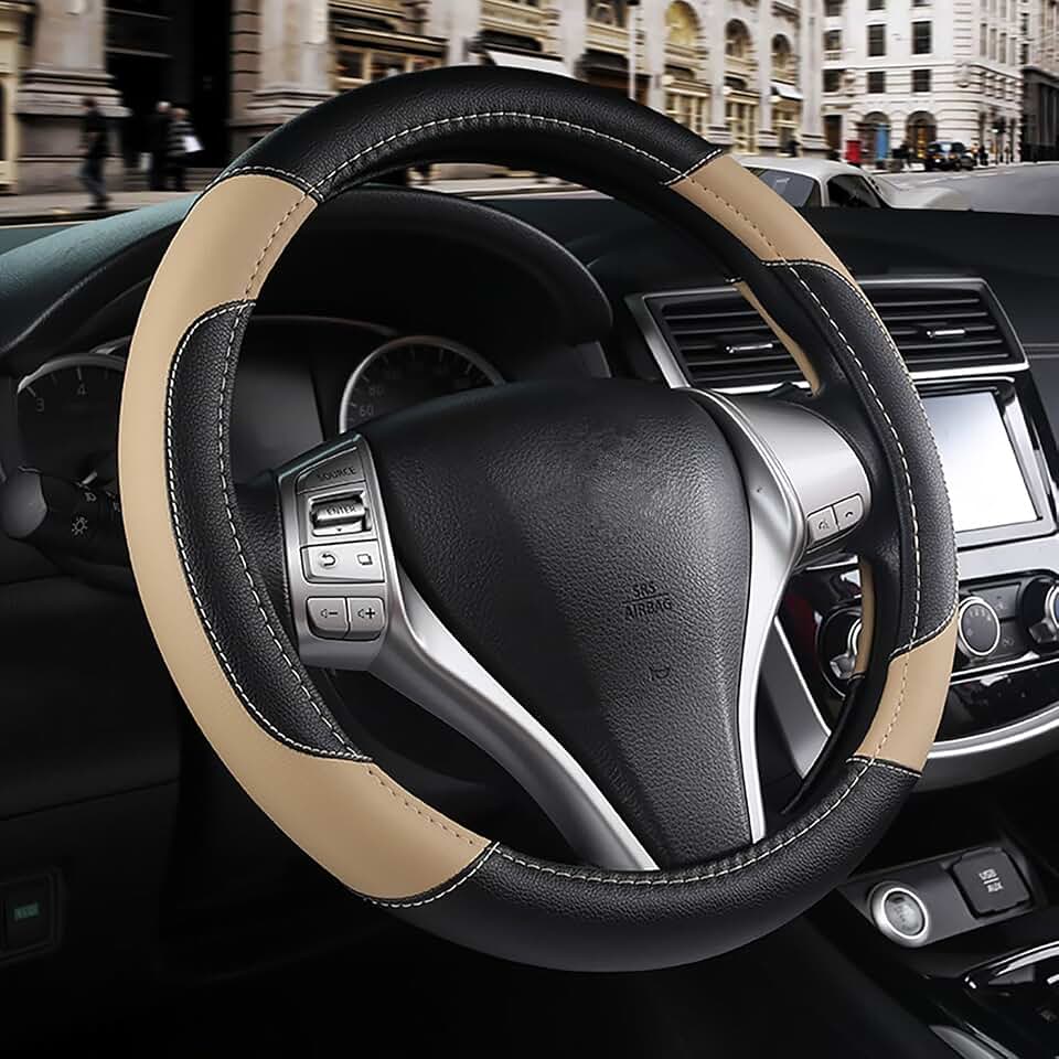 Leather Car Steering Wheel Cover, Universal Fit for Most Cars, Beige | Microfiber Leather,Non-Slip Breathable Auto Steering Wheel Protector
