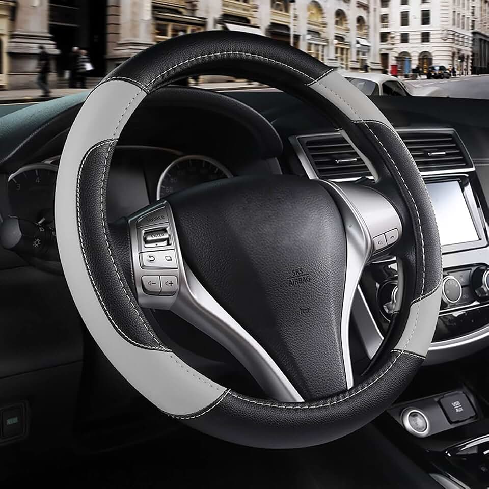 Leather Car Steering Wheel Cover, Universal Fit for Most Cars, Grey | Microfiber Leather,Non-Slip Breathable Auto Steering Wheel Protector