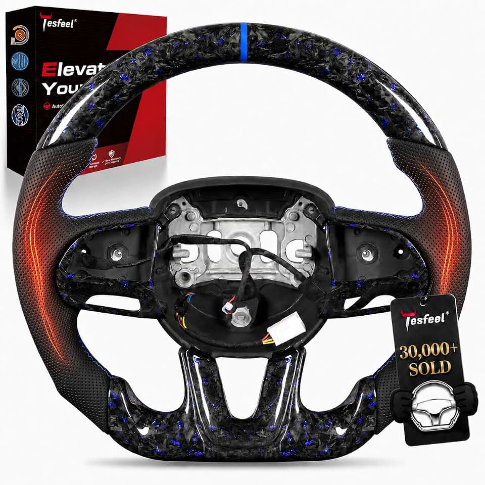 Heated Forged Carbon Fiber Steering Wheel compatible with Dodge Challenger (2015-2024), for Charger, for Durango - Blue Foil Pattern, Trim Cover, Flat D-Shape, Stitching Global Recycled Standard