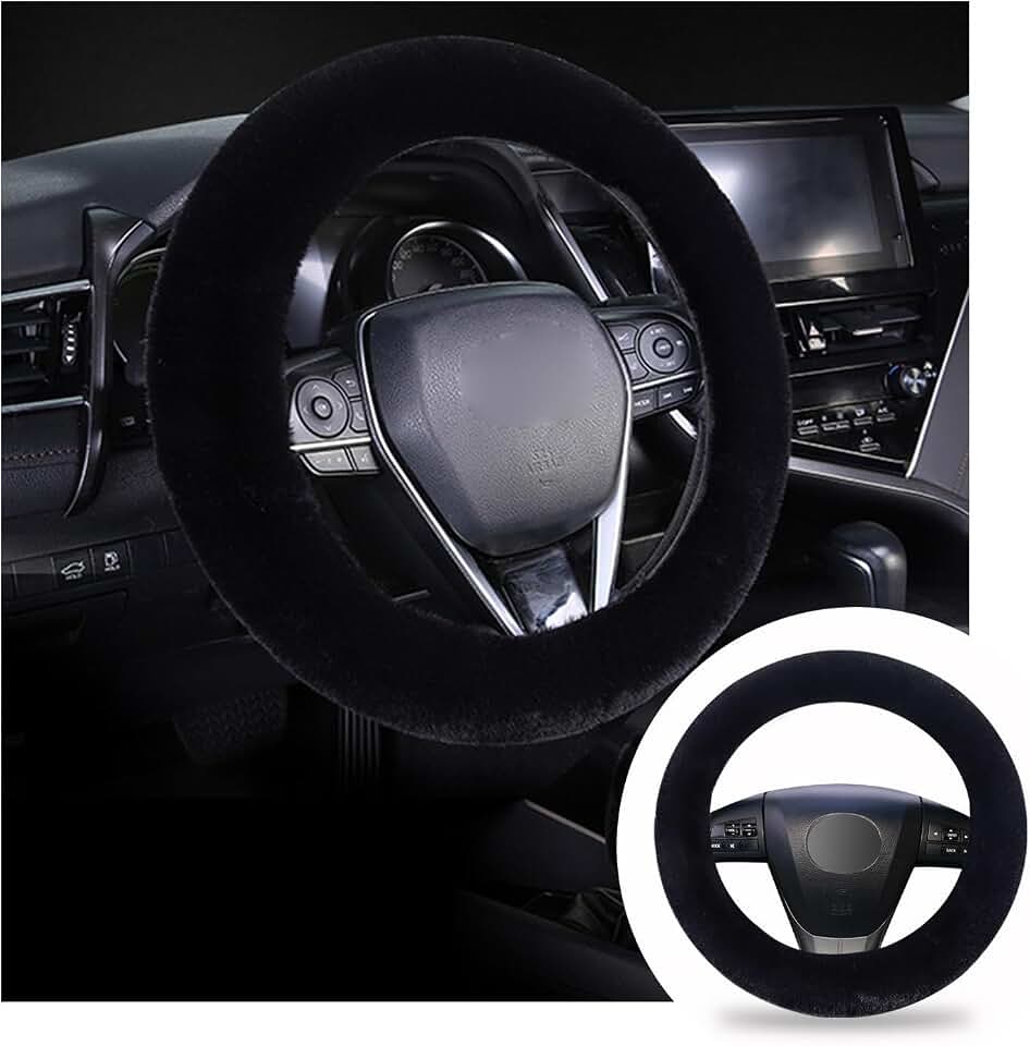 Ziciner Fuzzy Steering Wheel Cover, 15 inch Soft Wool Fur Steering Wheel Protector, Fluffy Wheel Covers for Winter Warm, Car Interior Decoration Accessories for Women Men (Black)
