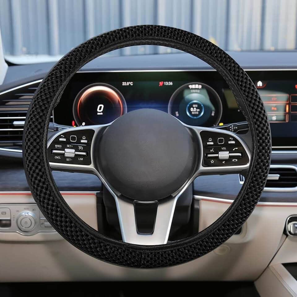 Elastic Stretch Steering Wheel Cover, Anti-Slip, 15inch, Black | Microfiber Odorless Breathable Ice Silk Car Steering Wheel Protector, Easy Carry, Warm in Winter &amp; Cool in Summer