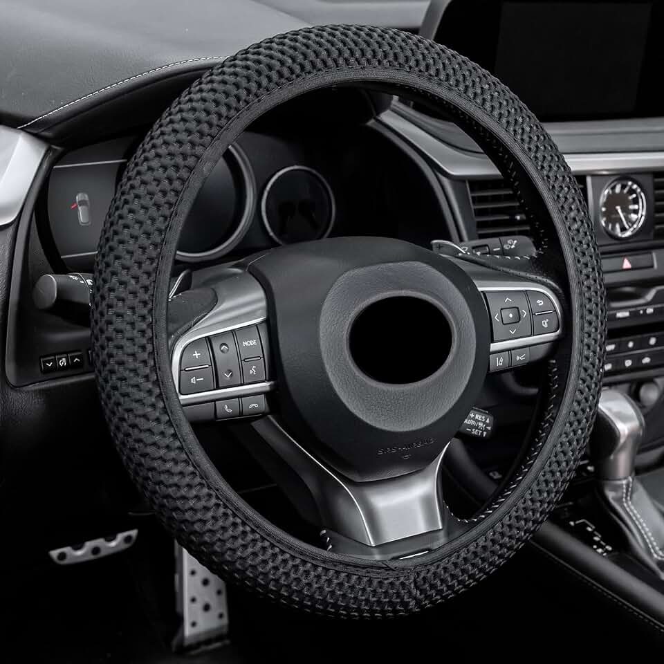 Alpmosn Elastic Stretch Steering Wheel Cover, Universal Interior Accessories Steering Wheel Cover for Women &amp; Men, Breathable Microfiber Ice Silk, Anti-Slip, Odorless, Easy Carry(Black)