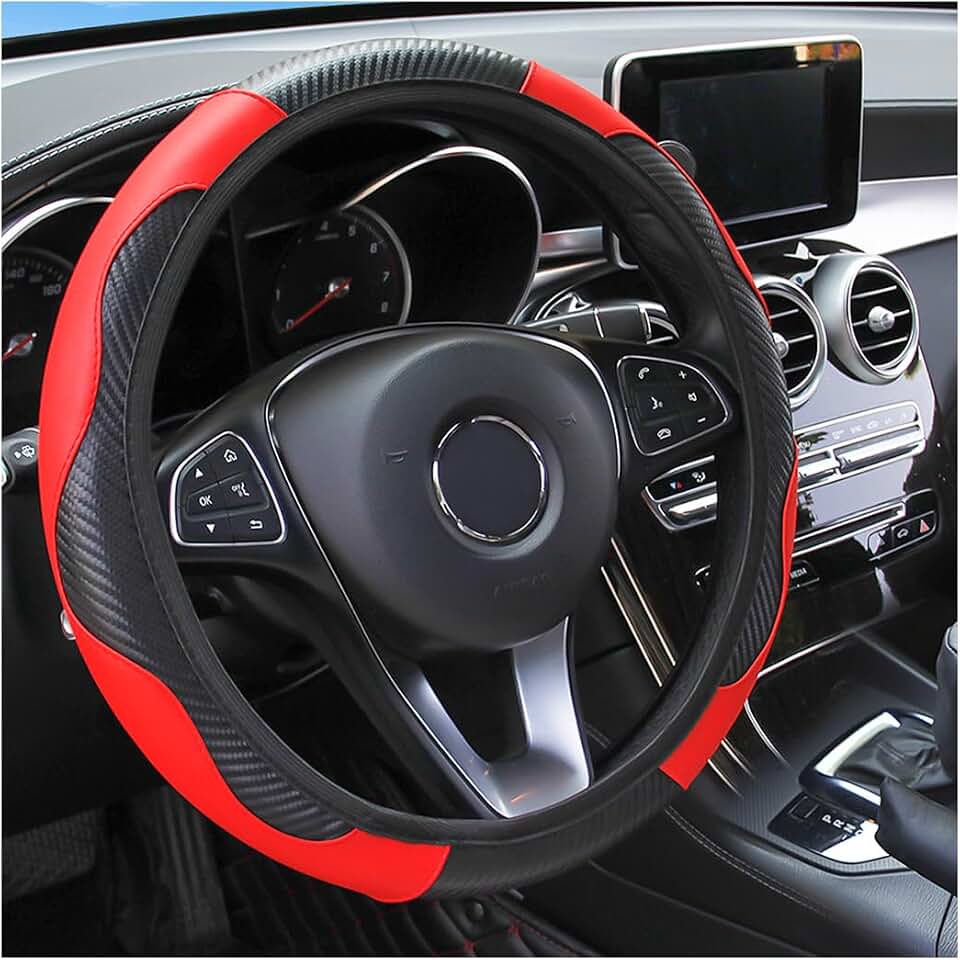 Osilly 15 Inch Carbon Fiber PU Leather Steering Wheel Cover, Red | full-wrap protective surface, flexible ringless design, hand-stretch setup, fits matching rim sizes, automotive accessories