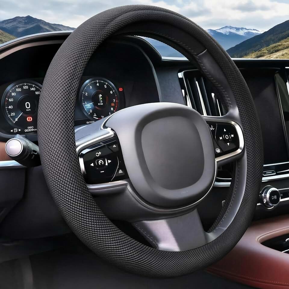 15 Inch Black Silicone Cooling Steering Wheel Cover Heat Resistant | Breathable Cooling Steering Wheel Protector Fits Round/D Shape, Warm in Winter Cool in Summer