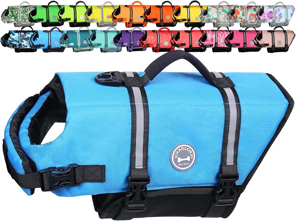 VIVAGLORY Dog Life Vest Rip Stop Dog Swim Vest, L, Blue | High Visibility Ripstop for Puppy Cat Doggy, Life Jacket with Handle &amp; Leash Ring for Boating &amp; Swimming
