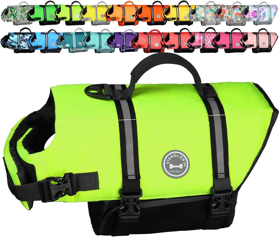 VIVAGLORY Dog Life Vest Rip Stop Dog Swim Vest, L, Bright Yellow | High Visibility Ripstop for Puppy Cat Doggy, Life Jacket with Handle &amp; Leash Ring for Boating &amp; Swimming