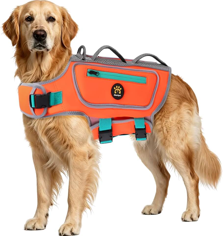 Dog Life Jacket, Good Visibility Pet Swimming Vest for Boating L | Dog Life Vest Reflective Stripes and Rescue Handle, Adjustable High Flotation Puppy Swim Vest for Small Medium and Large Dogs