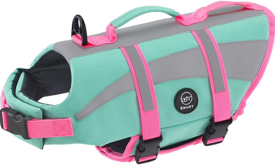 EMUST Dog Life Jacket, High Visibility Dog Life Vests with 2 Rescue Handles | Lightweight Medium Large Dog Vests Lifesaver with Leash Ring, Dog Floats for Pool, Kayaking, Swimming, Turquoise, XL