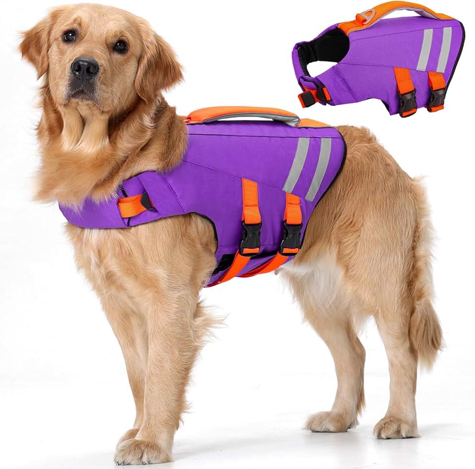 LeLePet Dog Life Jacket, High Flotation Swim Vest for Dogs XL Purple | High-buoyancy dog life vest with reflective details for swimming, boating, and water safety adventures. Global Recycled Standard