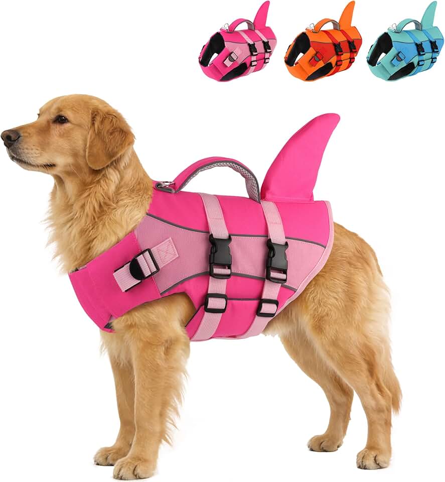 PETDSH Dog Life Jacket with Reflective Stripes, Shark Dog Life Vest for Swimming Boating with Superior Buoyancy and Rescue Handle for Small,Medium,Large Dogs (Pink, X-Large)