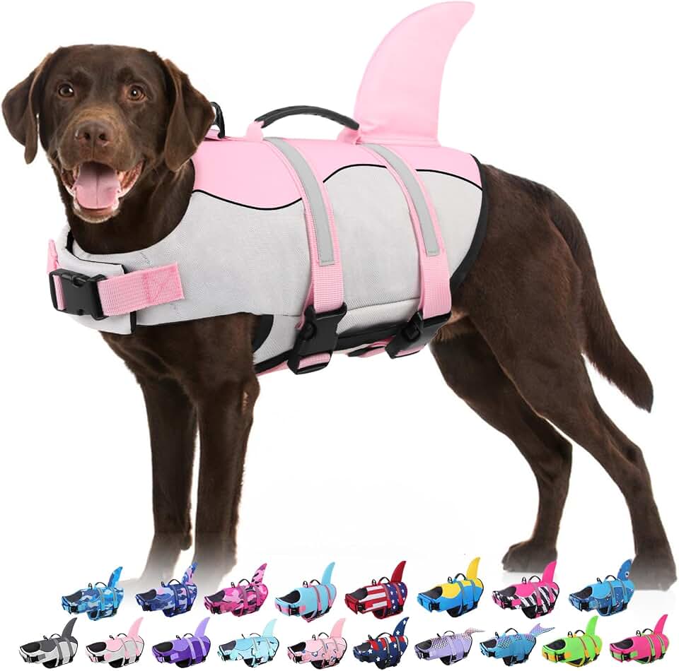 Bess Bridal Dog Life Jacket - Shark Safety Vest for Swimming &amp; Boating | Shark Life Jacket with High Buoyancy, Dog Lifesaver Swimsuit with Rescue Handle for Small Medium Large Dogs, Pink Shark L