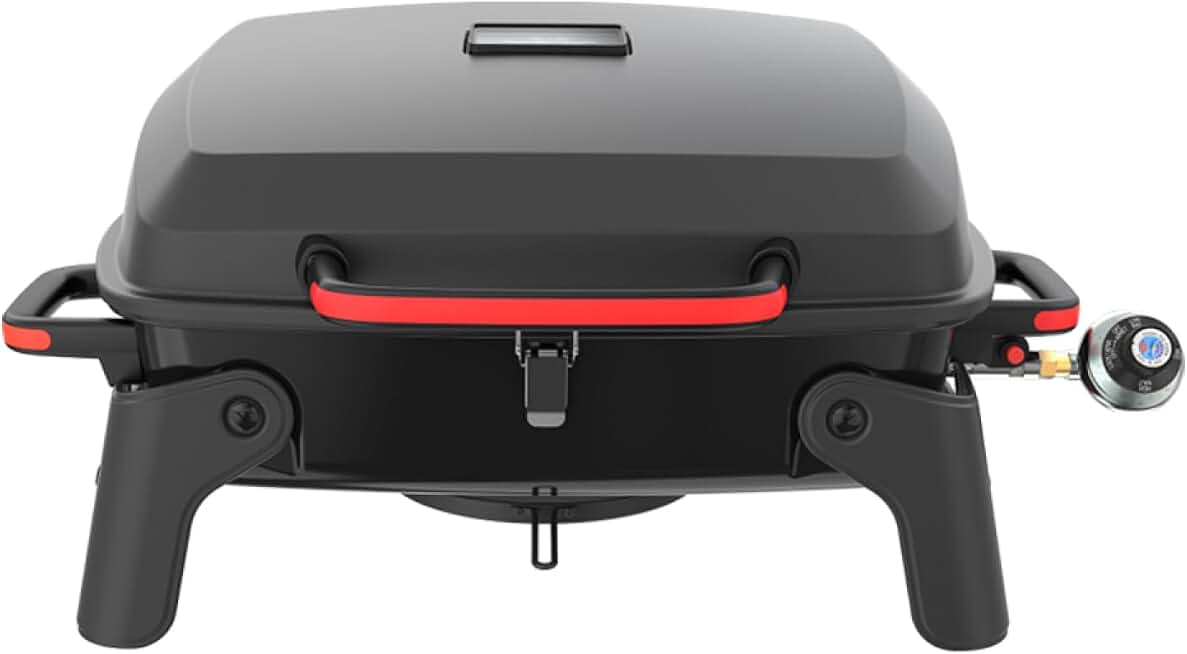 Megamaster Tabletop 1 Burner Gas Grill, Foldable Legs with Warming Rack | Offers 11000 BTU, Built-In Thermometer, Push Ignition, 360 Sq In Cooking Space, Uses 1 Lb Propane, For Camping &amp; Tailgating