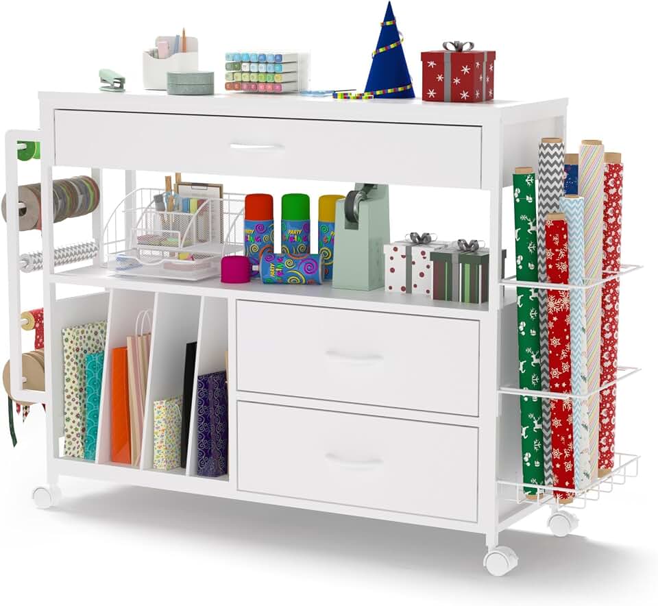 Wrapping Paper Storage &amp; Organizer, Craft Cart with Ribbon &amp; Gift Bag Storage, Wrapping Paper Organizer Holder(3 Wooden Drawers-White)