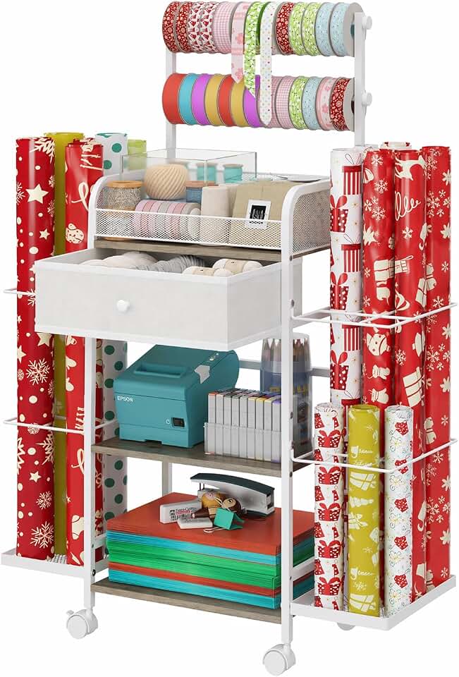 Rsaayekkt Rolling Wrapping Paper Storage Cart with Fabric Drawer White | Vertical gift wrapping organizer storage, fits 12x12 scrapbook paper, heavy duty craft cart with wheels, space saving station