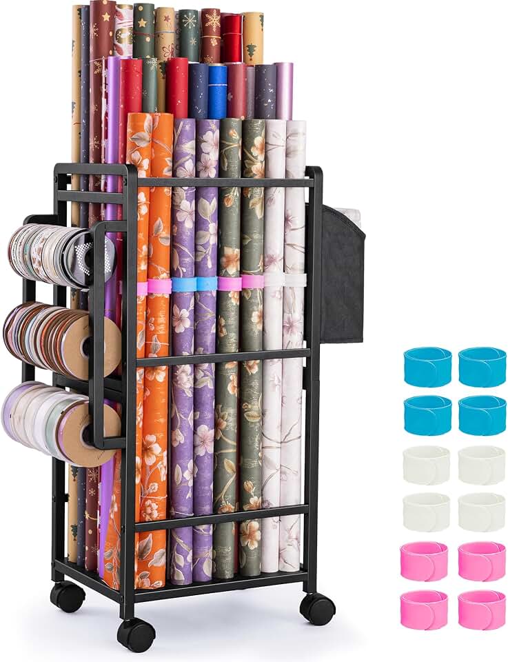 Aquzee Wrapping Paper Storage, Rolling Gift Wrap Storage Stand | 9 Adjustable Rod Design, Vertical Wrapping Paper Organizer Storage Cart, Ribbon Organizers, 12 PCS Slap Bands, Black