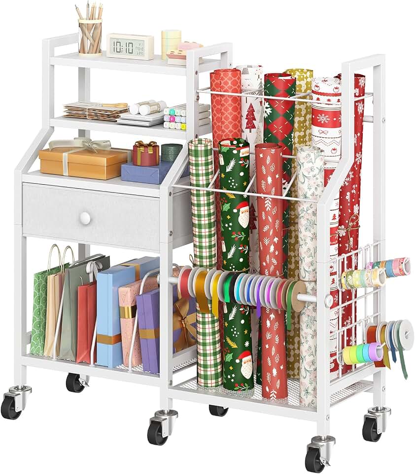 HOOBRO Wrapping Paper Storage Cart, Rolling Gift Wrap Station with Drawer | Gift Wrapping Paper Organizer Storage, Wrapping Paper Organizer Holder, Ribbon Holder, Gift Bags, Metal Craft Organizers Rack